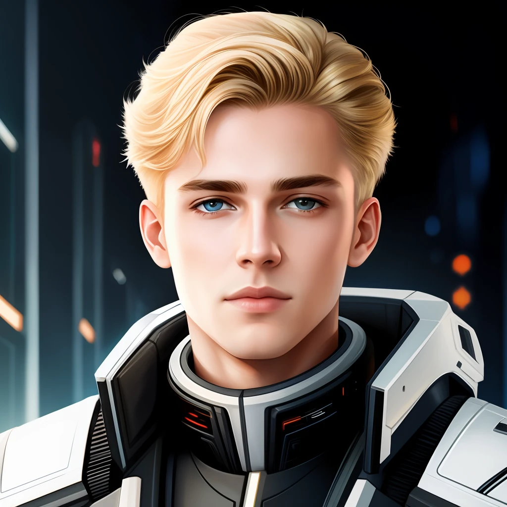 masterpiece, best quality, realistic, ultra detailed, sfw, head shot, a portrait of a young blond man, starsector, sci-fi style clothing, hight-tech gadgets,