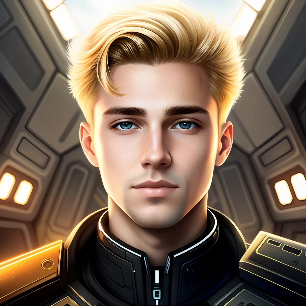 masterpiece, best quality, realistic, ultra detailed, sfw, head shot, a portrait of a young blond man, starsector, sci-fi style clothing, hight-tech gadgets,