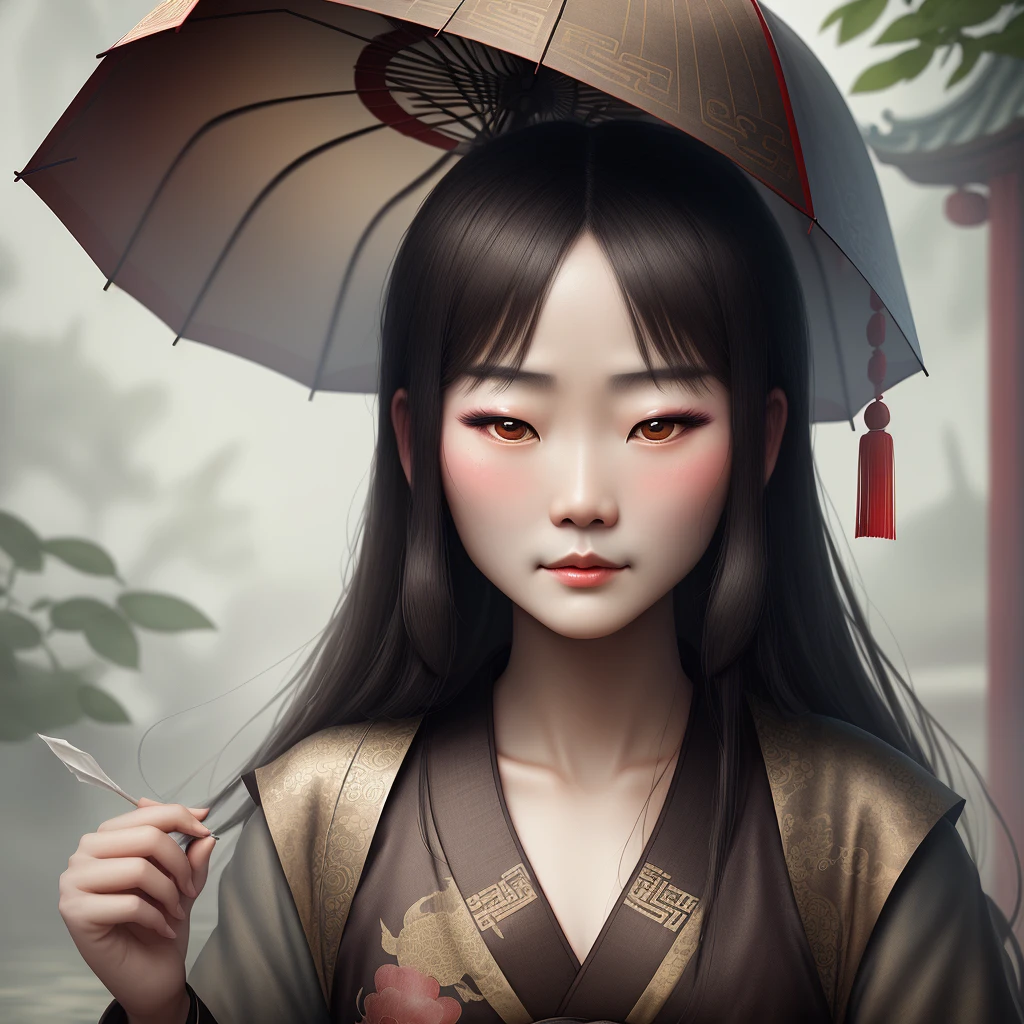 Depressed ancient Chinese beauty holding an oiled paper umbrella