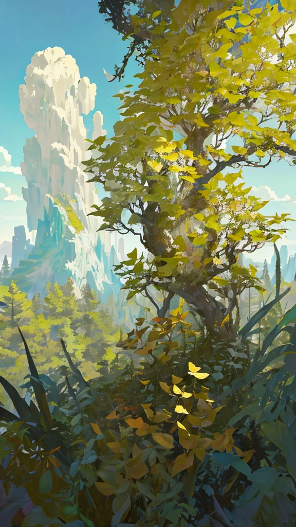 Primary forest,a few branch on the top,(relic) is covered with vegetation, relic close to viewer,Leaves and shrubs on the ground,summer,depth of field,(Foreground:1.5relic), middle view:1.2, (distant viewillustration:1,mountain +sky)
