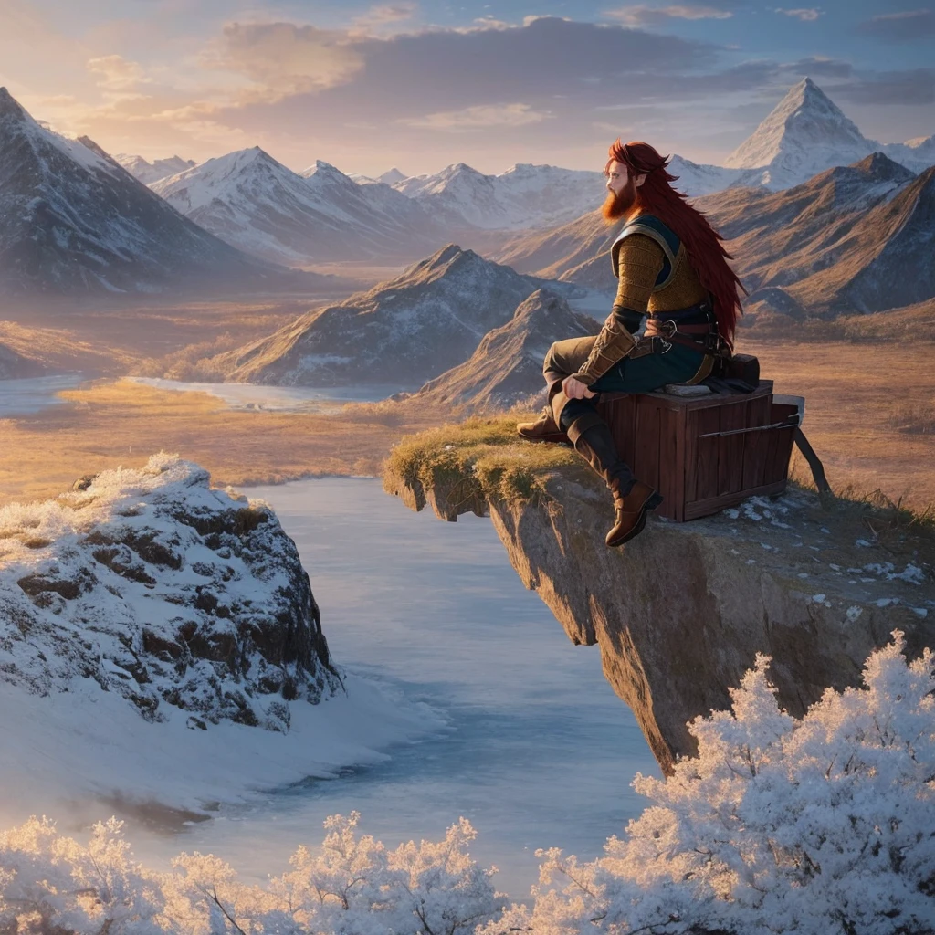 (((2d))), (((anime))), viking character, (((1boy))), male character, redhead, long beard, Skyrim landscape in the background, viking clothing, (((digital illustration))), (((trending on ArtStation)))
