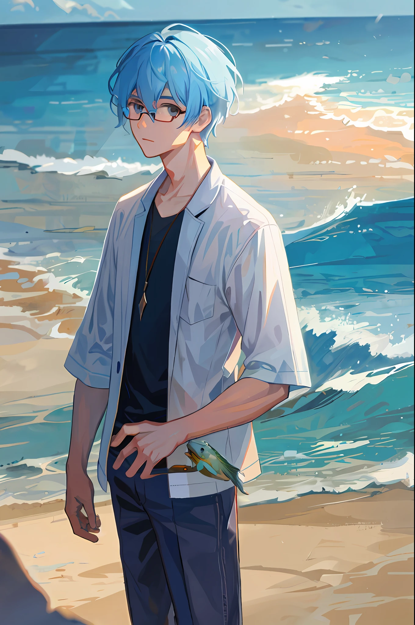 A boy with glasses holding a fish