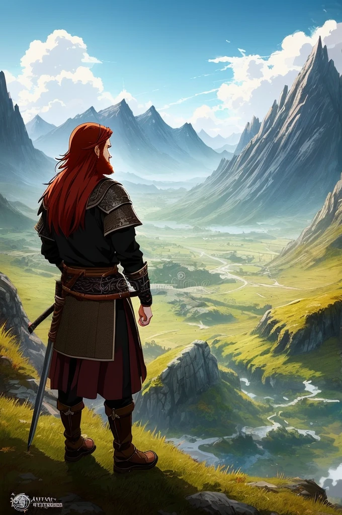 (((2d))), (((anime))), viking character, (((1boy))), male character, redhead, long beard, Skyrim landscape in the background, viking clothing, (((digital illustration))), (((trending on ArtStation)))