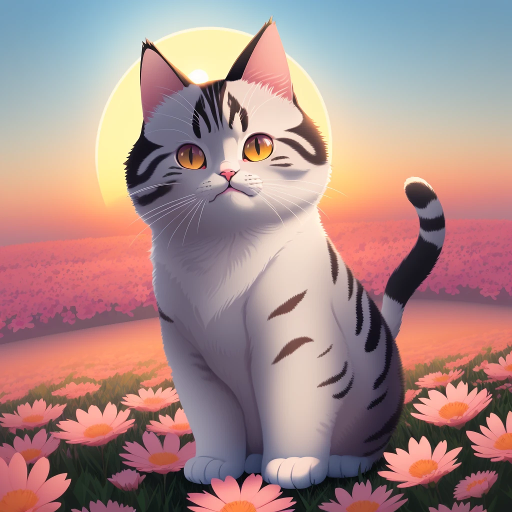 Vector illustration, flat illustration, illustration, cute cat near flowers with a sunset in the back, imageworks, pastel colors, white background