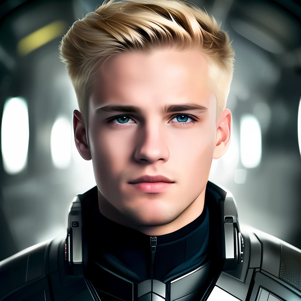 masterpiece, best quality, realistic, ultra detailed, sfw, head shot, a portrait of a young blond man, starsector, sci-fi style clothing, hight-tech gadgets,