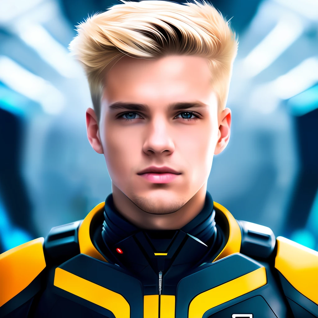 masterpiece, best quality, realistic, ultra detailed, sfw, head shot, a portrait of a young blond man, starsector, sci-fi style clothing, hight-tech gadgets,