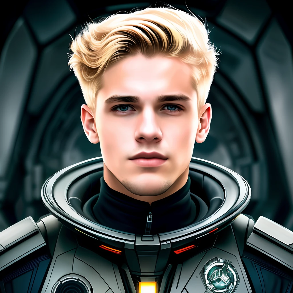 masterpiece, best quality, realistic, ultra detailed, sfw, head shot, a portrait of a young blond man, starsector, sci-fi style clothing, hight-tech gadgets,