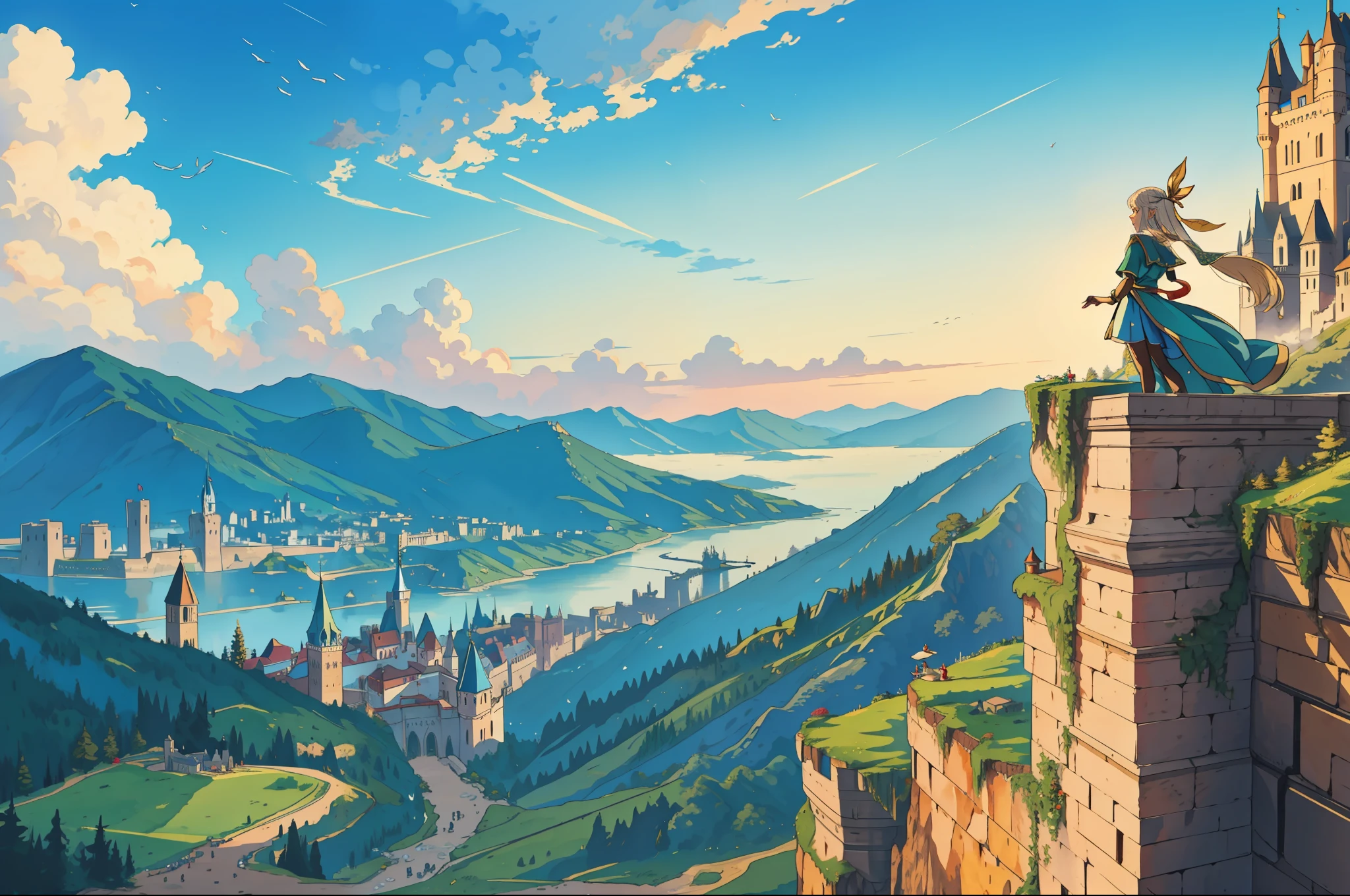 masterpiece, best quality, elf girl on top of a cliff, overlooking a big city with castle at the side of a mountain, aerial view--v6