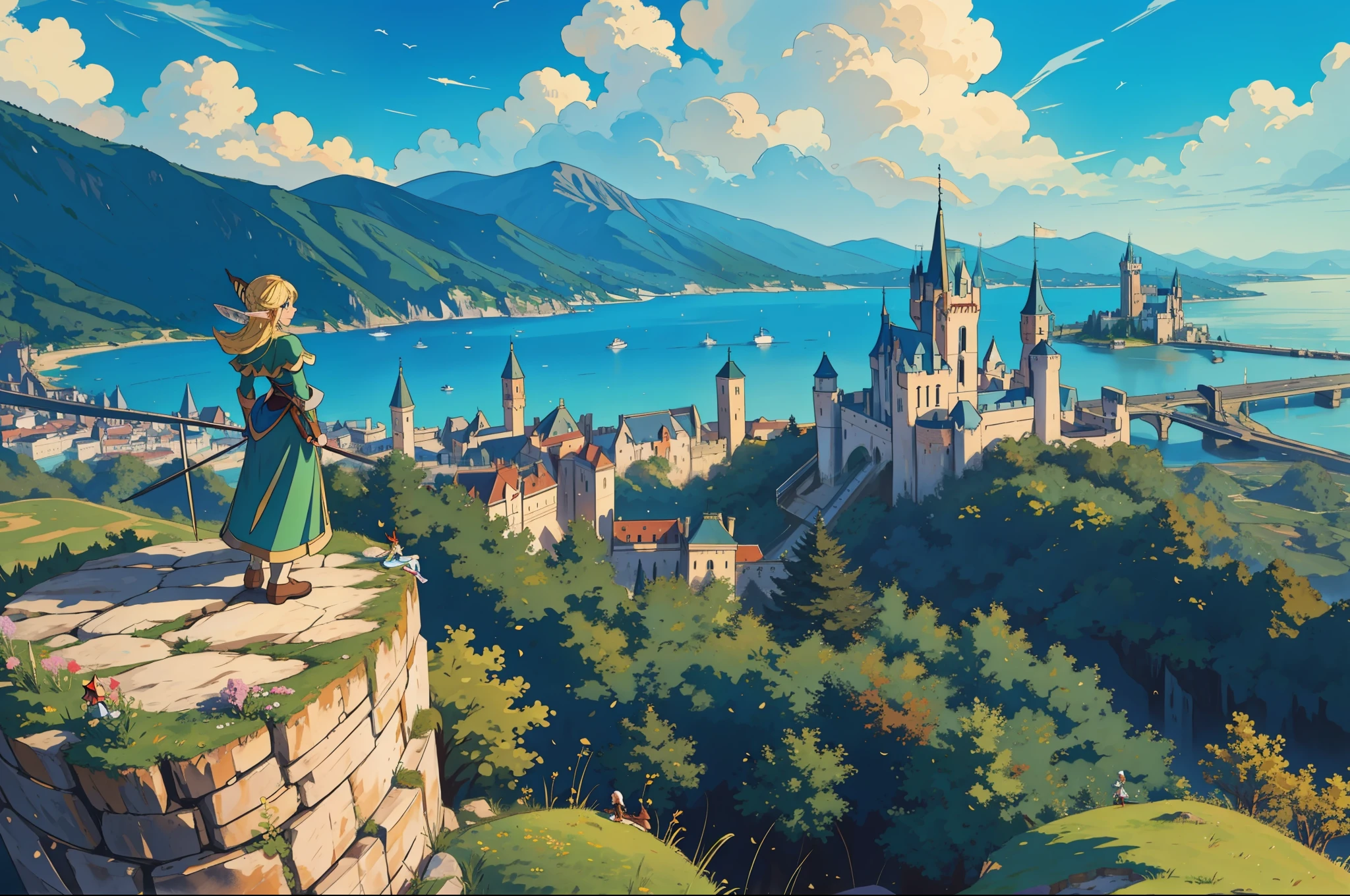 masterpiece, best quality, elf girl on top of a cliff, overlooking a big city with castle at the side of a mountain, aerial view--v6