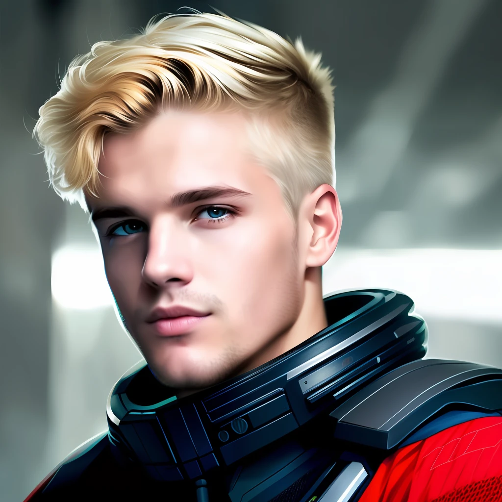 masterpiece, best quality, realistic, ultra detailed, sfw, head shot, a portrait of a young blond man, starsector, sci-fi style clothing, hight-tech gadgets,