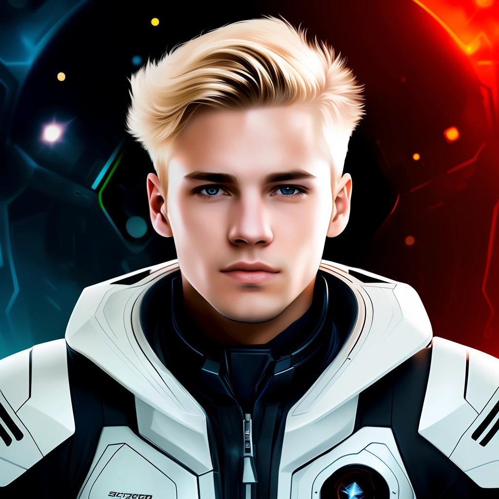 masterpiece, best quality, realistic, ultra detailed, sfw, head shot, a portrait of a young blond man, starsector, sci-fi style clothing, hight-tech gadgets,