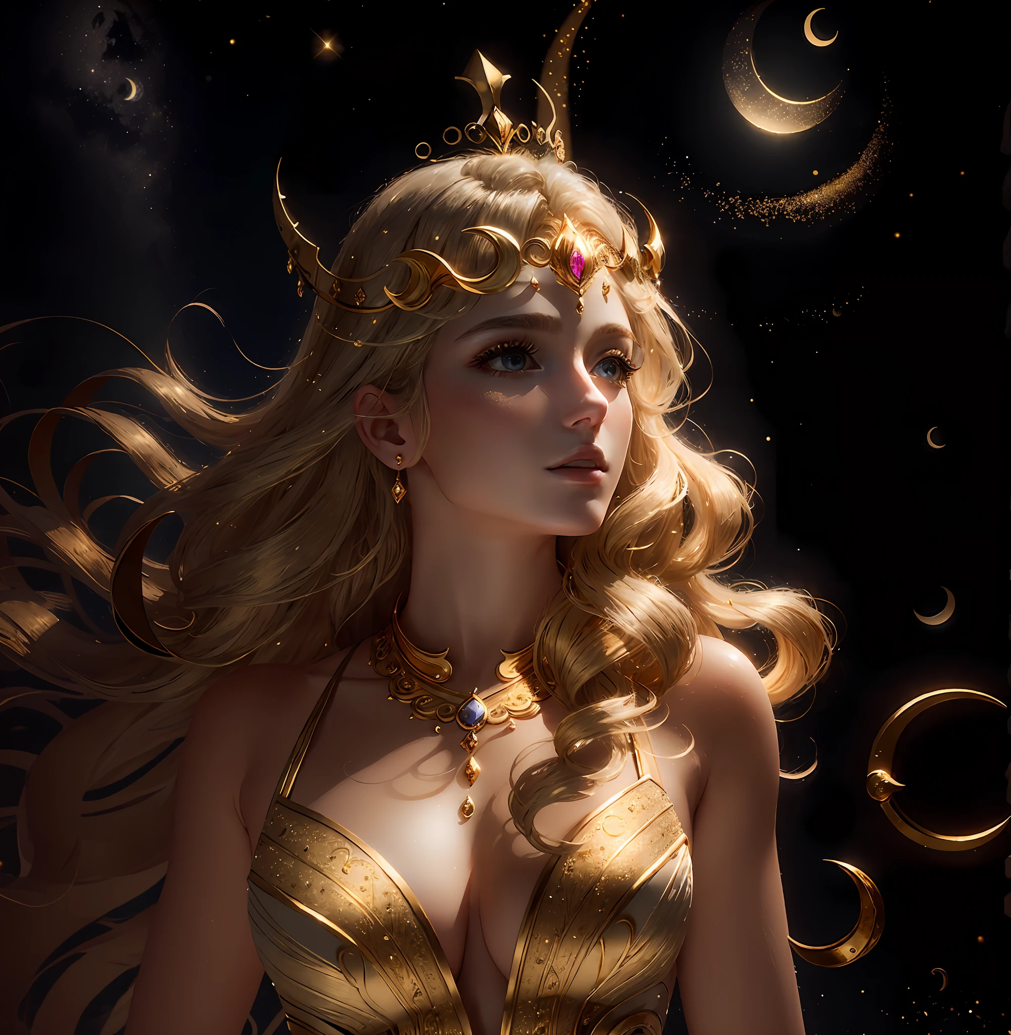 masterpiece, highest quality, solo focus, (perfect face:1.1) , (high detail:1.1), (dramatic, 1.5), 1 muscular female:1.3, (blonde curled hair:1.2), (gold jewelry and crescent moon crown:1.3),  (dresses in simple silver gown),  (outdoors in deep darkness), (dark:1.3), (limned in light mirrored by the crescent moon above her), hyper detailed, digital art, studio quality, smooth render, unreal engine 5 render, octane render, 8K