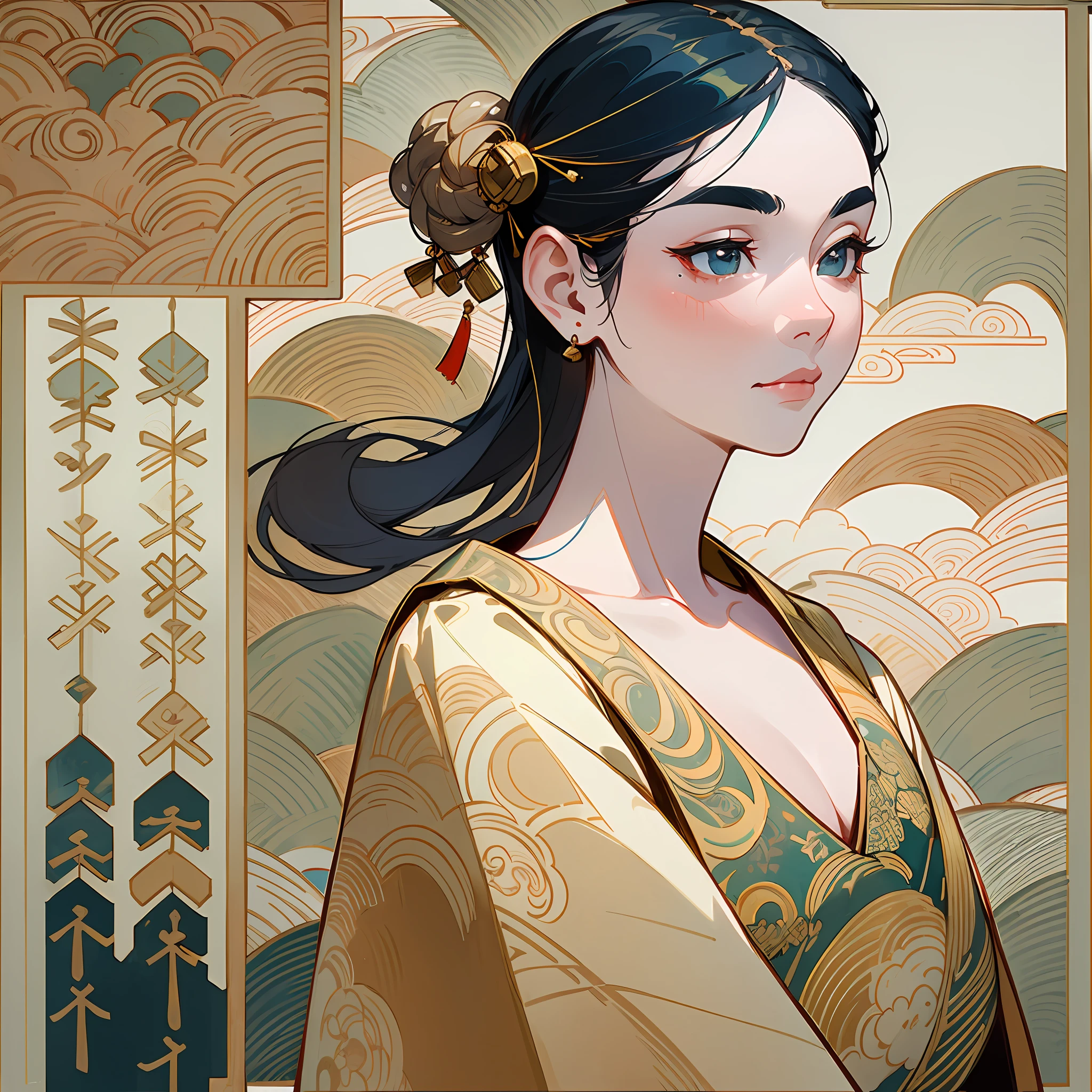 A beautiful dancer in ancient China,delicate lines,gorgeous costumes in ancient China,delicate and vivid,shy face,willow leaf eyebrows,personality depiction,coiled hair,gold leaf,flowing clouds,watercolor,crane surrounding,ink painting,gentle eyes,meticulous color scheme,exquisite clothing patterns,by Gu Kaizhi,Zhang Xuan,professional color grading,realistic style,soft shadows,clean and sharp focus,Flim photography,Panoramic View,32K --v 6