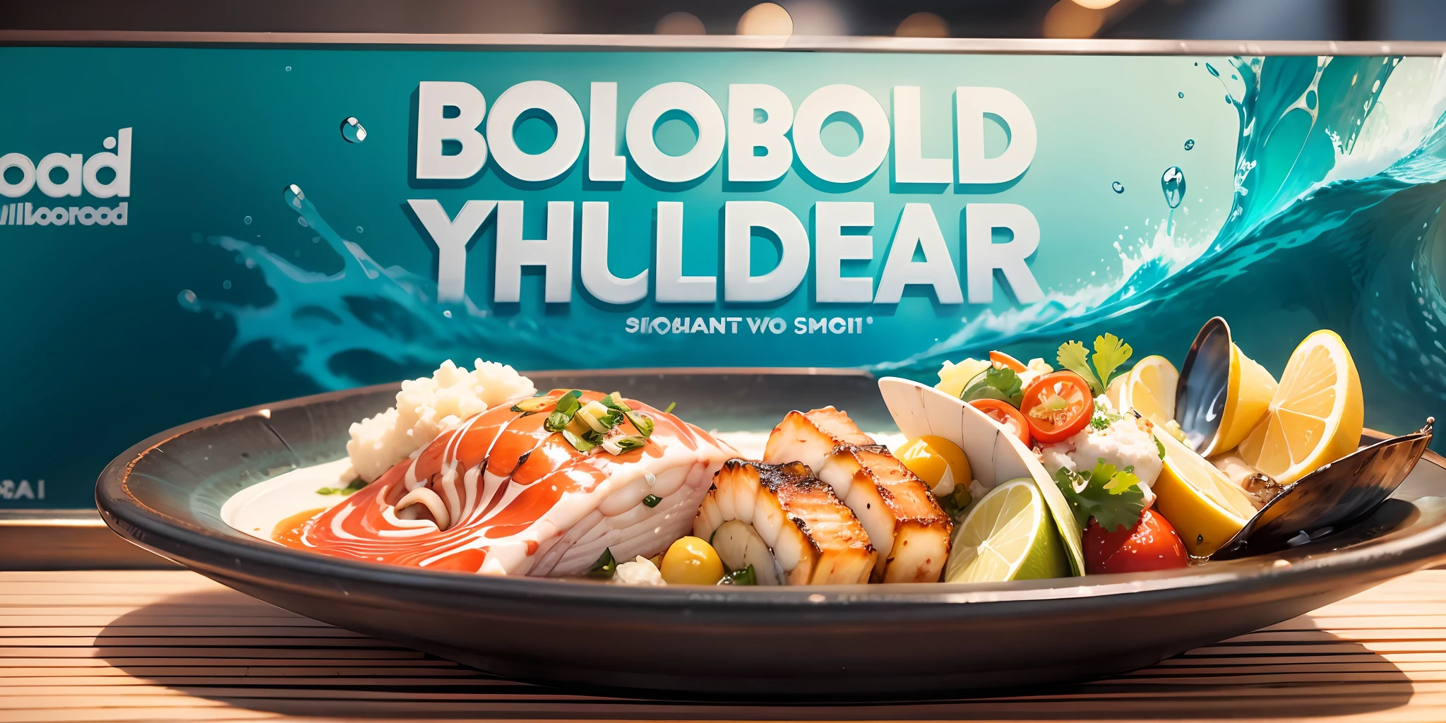 billboard, Experience our enticing Seafood Delight set against a serene ocean backdrop, featuring a colorful bowl of fresh, diverse ingredients surrounded by sea elements. Bold, contrasting text highlights our culinary adventure, while our recognizable logo anchors the design, inviting you to embark on a flavorsome voyage into the heart of the sea. --v 6