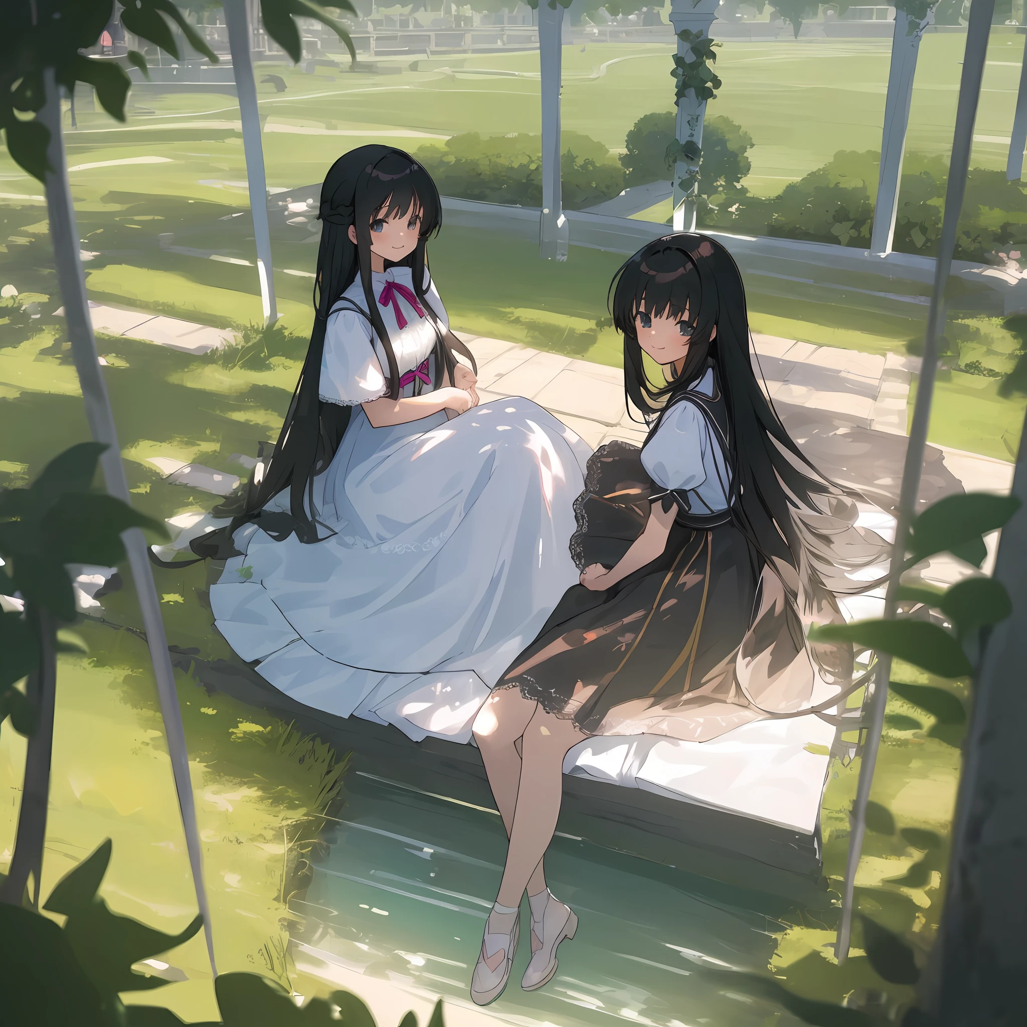 ((masterpiece,best quality)),2girls,two girls, sitting, knees up, dress, short sleeves, looking at viewer,very long white and black hair, smile,standing ,very long hair, full body, white dress, sunlight, dappled sunlight day, leg belt,narrow waist, slim legs,ribbons, pink, white, lace, anime girl sitting in a castle, two beautiful anime girls