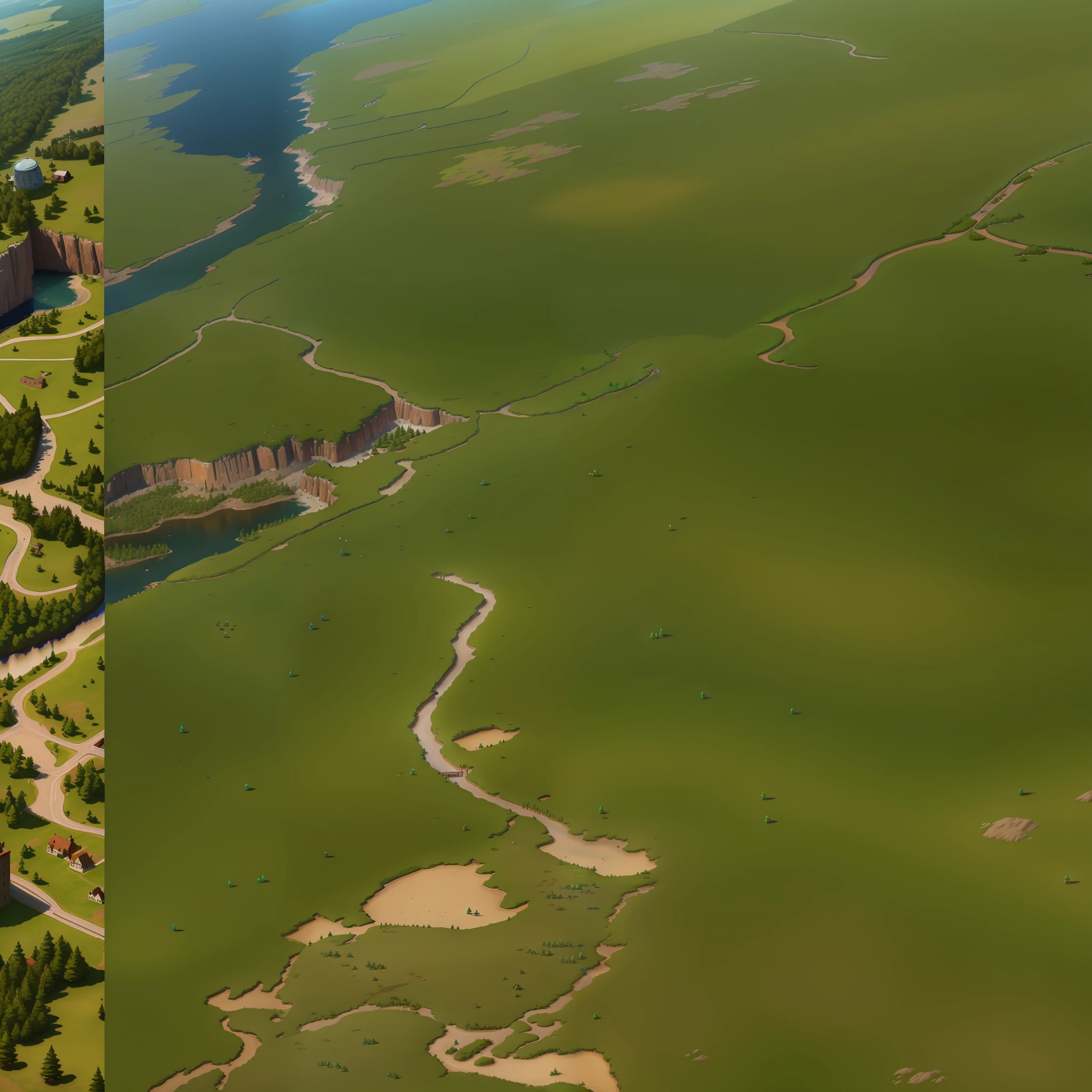 araffes in a field with a river and a forest, steam workshop maps, no trees, hyper detailed, zoom out very far, game map, grassy plains, coastline, highly detailed terrain, an expansive grassy plain, entire city visible, detailed scenery — Width 672, highly detailed maps, simple fantasy maps, r/battlemaps, detailed terrain, rock walls of river channels