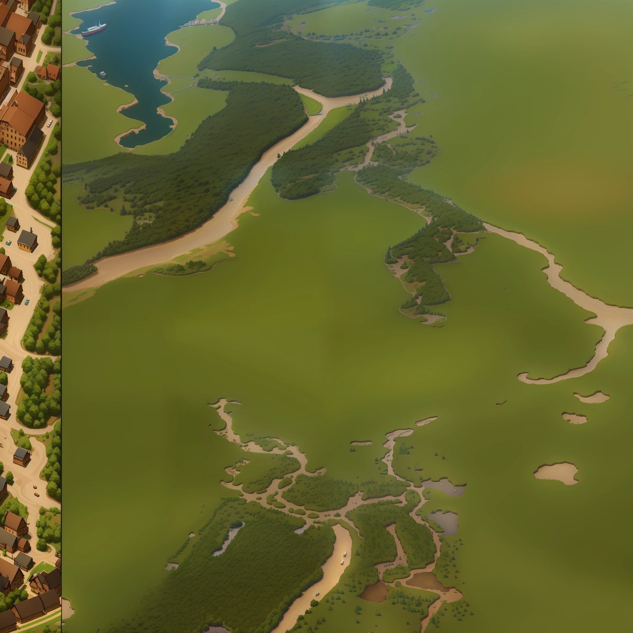 araffes in a field with a river and a forest, steam workshop maps, no trees, hyper detailed, zoom out very far, game map, grassy plains, coastline, highly detailed terrain, an expansive grassy plain, entire city visible, detailed scenery — Width 672, highly detailed maps, simple fantasy maps, r/battlemaps, detailed terrain, rock walls of river channels