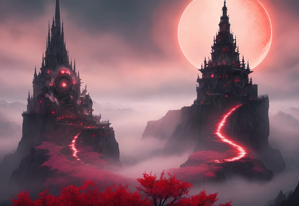 the horror of the sun and moon, Instagram, Pinterest, art station, ai art, digital paint, smoke, mist, vapor, wind, swirls, red, chaos, intricate details, intricate design, dark tower, citadel, dark landscape, vast landscape, waterfalls, pink cherry blossom trees,