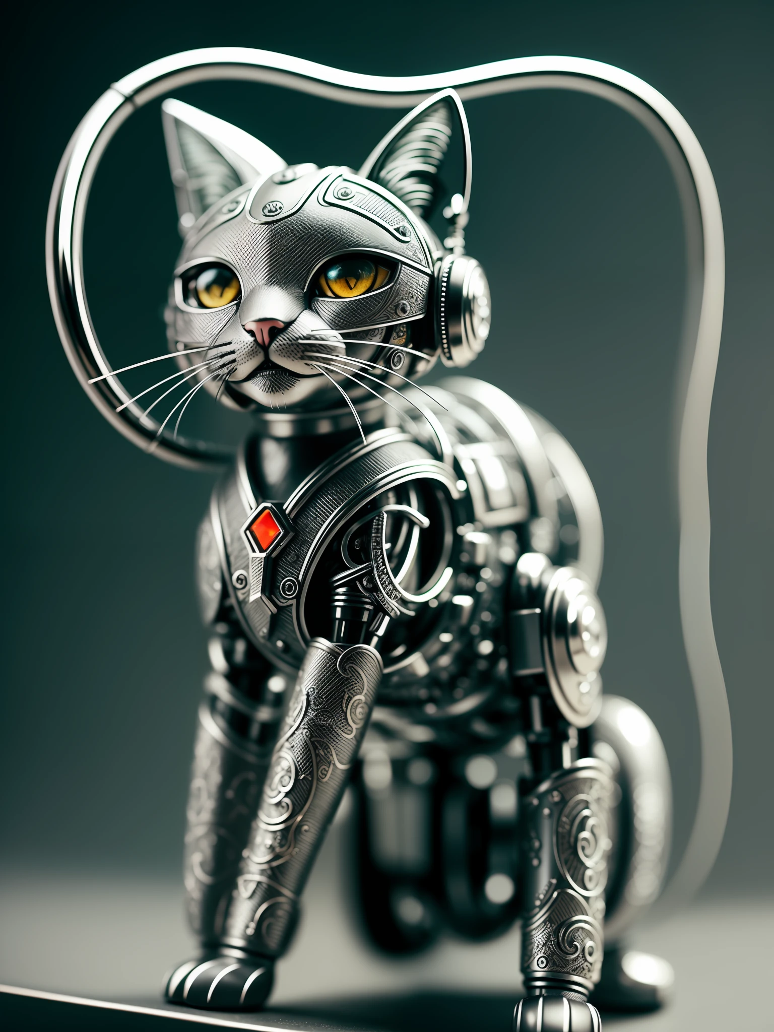 cute kitty made of metal, (cyborg:1.1), ([tail | detailed wire] :1.3), (intricate detail), HDR, (intricate detail, hyper-detailed:1.2), cinematic shot, vignette, centered