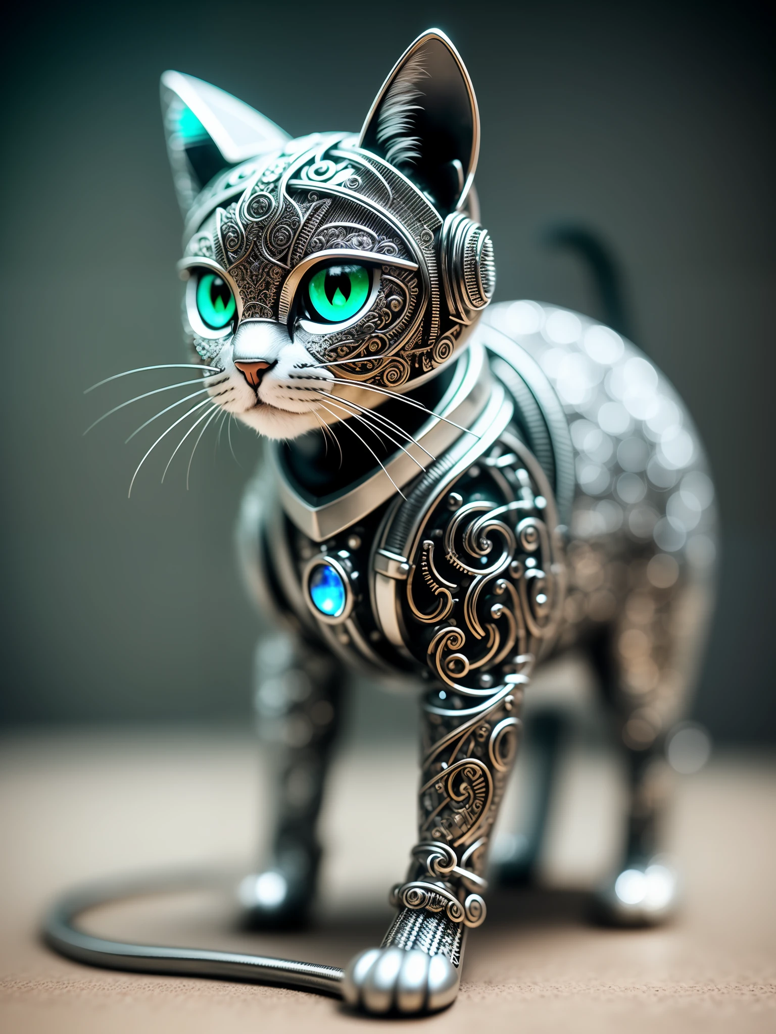 cute kitty made of metal, (cyborg:1.1), ([tail | detailed wire] :1.3), (intricate detail), HDR, (intricate detail, hyper-detailed:1.2), cinematic shot, vignette, centered