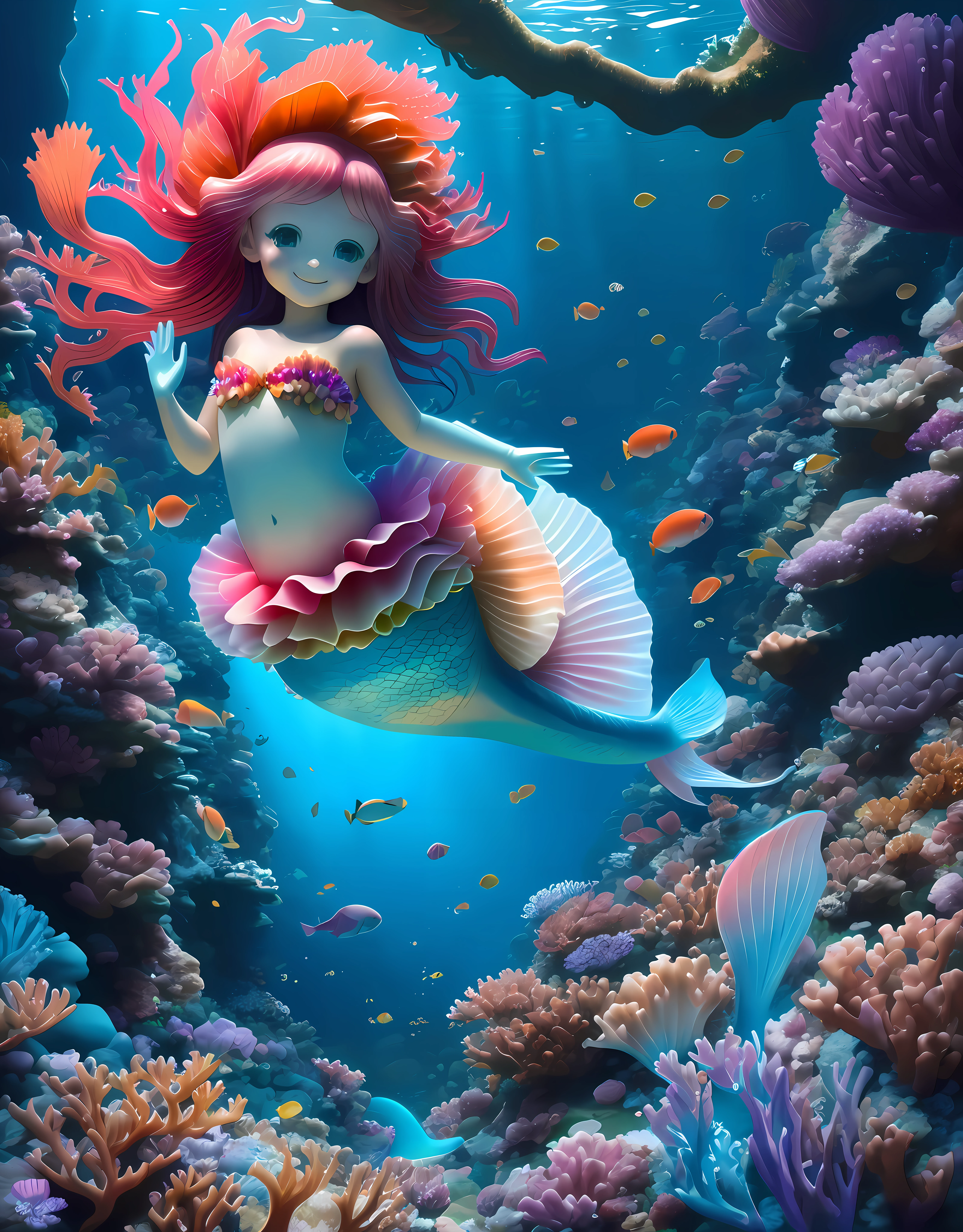 1girl, beautiful and cute, ribbons fluttering, mermaid, smiling, rich colors, a (mermaid) girl staring at you on the bottom of the sea covered with corals and vines, with sunlight shining into the bottom water, colorful shells, gems, jewels, warm colors