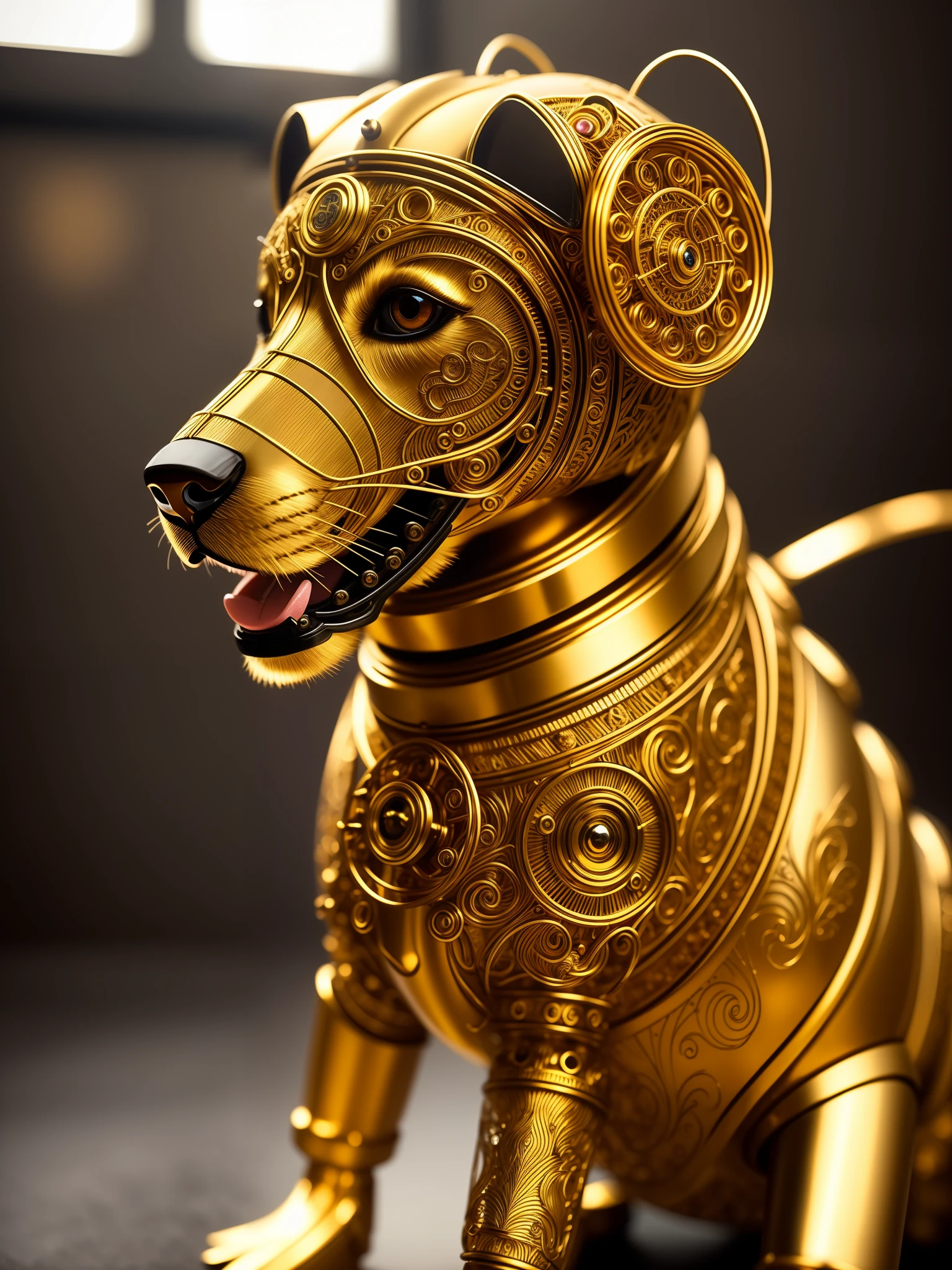 a cute golden retriever made of metal, (cyborg:1.1), ([tail | detailed wire] :1.3), (intricate details), HDR, (intricate details, hyper-detailed:1.2), cinematic shot, vignette, centered