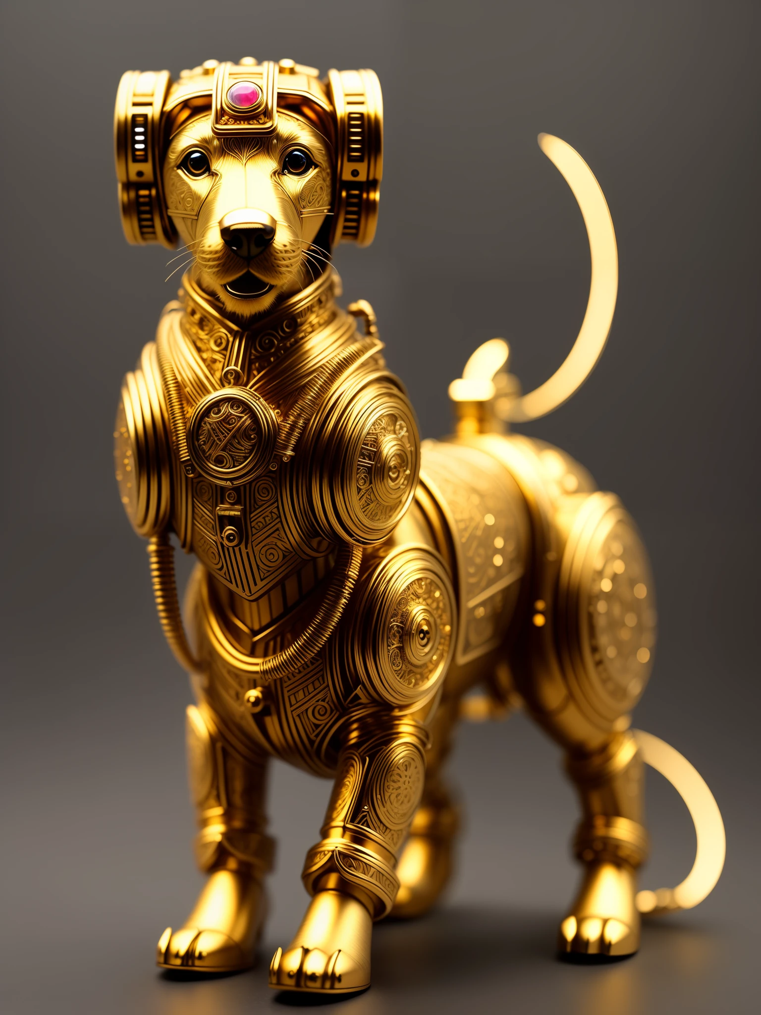 a cute golden retriever made of metal, (cyborg:1.1), ([tail | detailed wire] :1.3), (intricate details), HDR, (intricate details, hyper-detailed:1.2), cinematic shot, vignette, centered