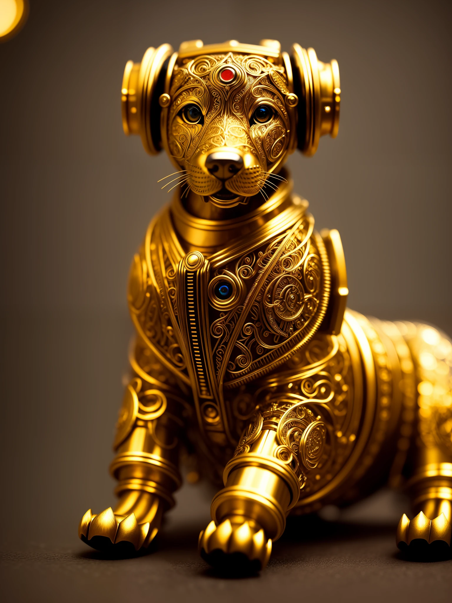 a cute golden retriever made of metal, (cyborg:1.1), ([tail | detailed wire] :1.3), (intricate details), HDR, (intricate details, hyper-detailed:1.2), cinematic shot, vignette, centered
