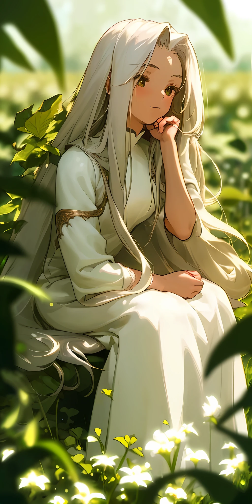 (masterpiece, best quality),1girl with long white hair sitting in a field of green plants and flowers, her hand under her chin, warm lighting, white dress, blurry foreground