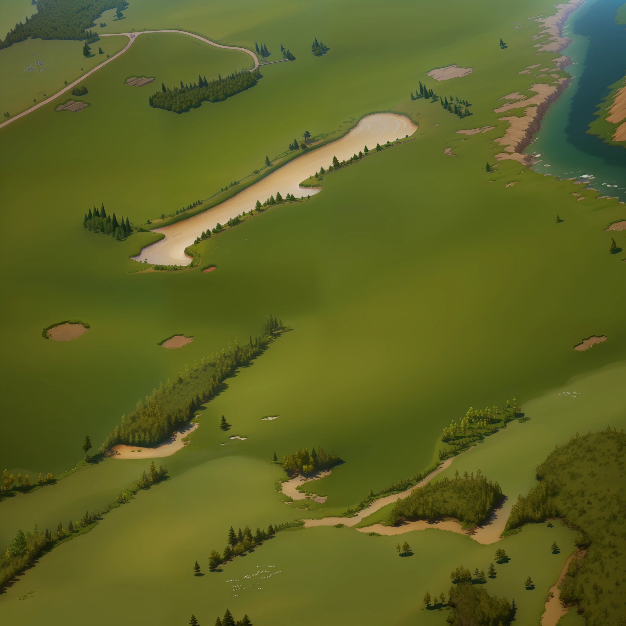 araffes in a field with a river and a forest, steam workshop maps, no trees, hyper detailed, zoom out very far, game map, grassy plains, coastline, highly detailed terrain, an expansive grassy plain, entire city visible, detailed scenery — Width 672, highly detailed maps, simple fantasy maps, r/battlemaps, detailed terrain, rock walls of river channels