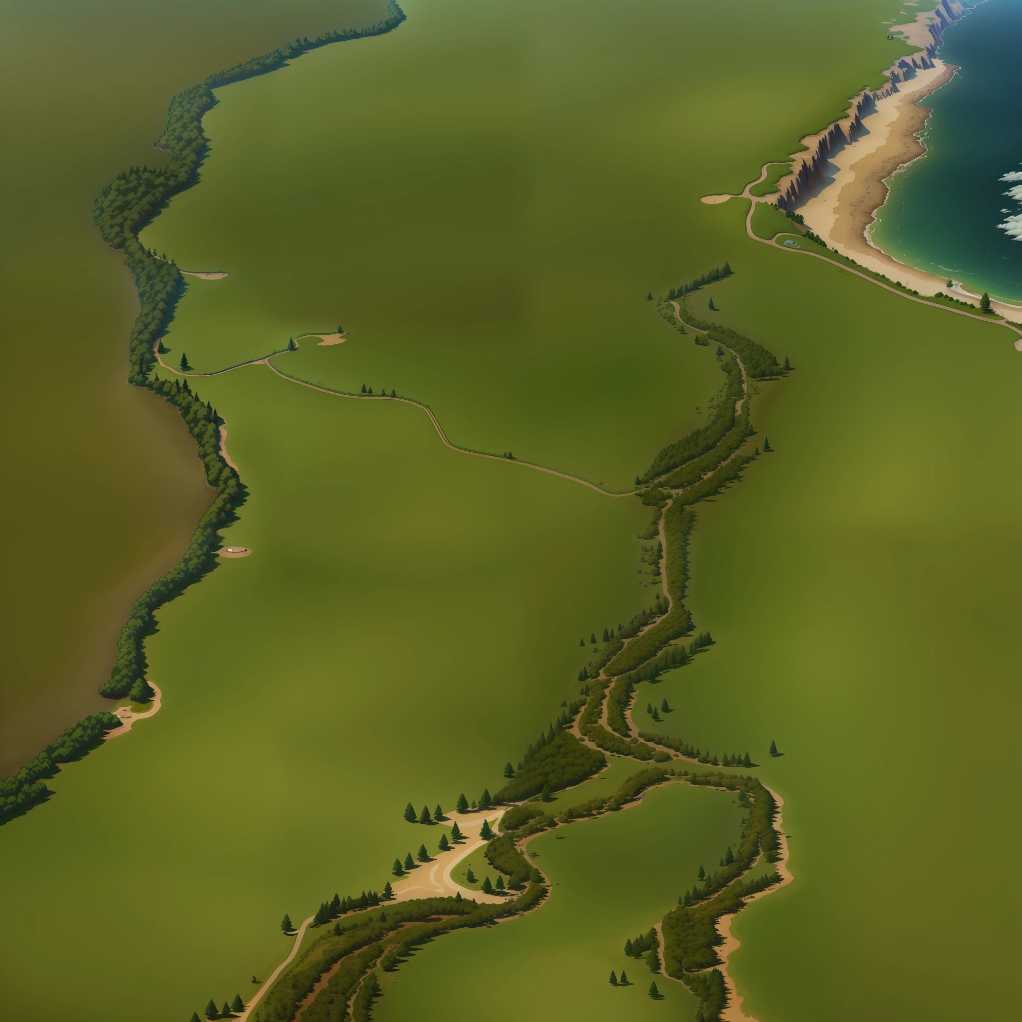 araffes in a field with a river and a forest, steam workshop maps, no trees, hyper detailed, zoom out very far, game map, grassy plains, coastline, highly detailed terrain, an expansive grassy plain, entire city visible, detailed scenery — Width 672, highly detailed maps, simple fantasy maps, r/battlemaps, detailed terrain, rock walls of river channels