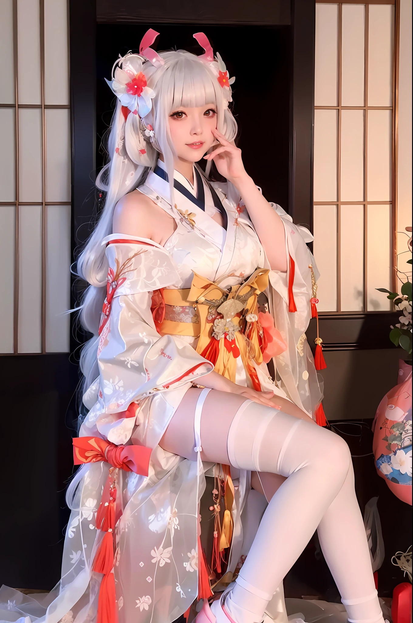 araffe dressed in a kimono sitting on a chair, anime girl cosplay, japanese goddess, anime cosplay, white hanfu, white hime cut hairstyle, in kimono, japaneese style, anime girl in real life, traditional beauty, with white long hair, japanese kimono, anime barbie in white stockings, elegant glamourous cosplay, traditional japanese, ornate cosplay, japanese clothes