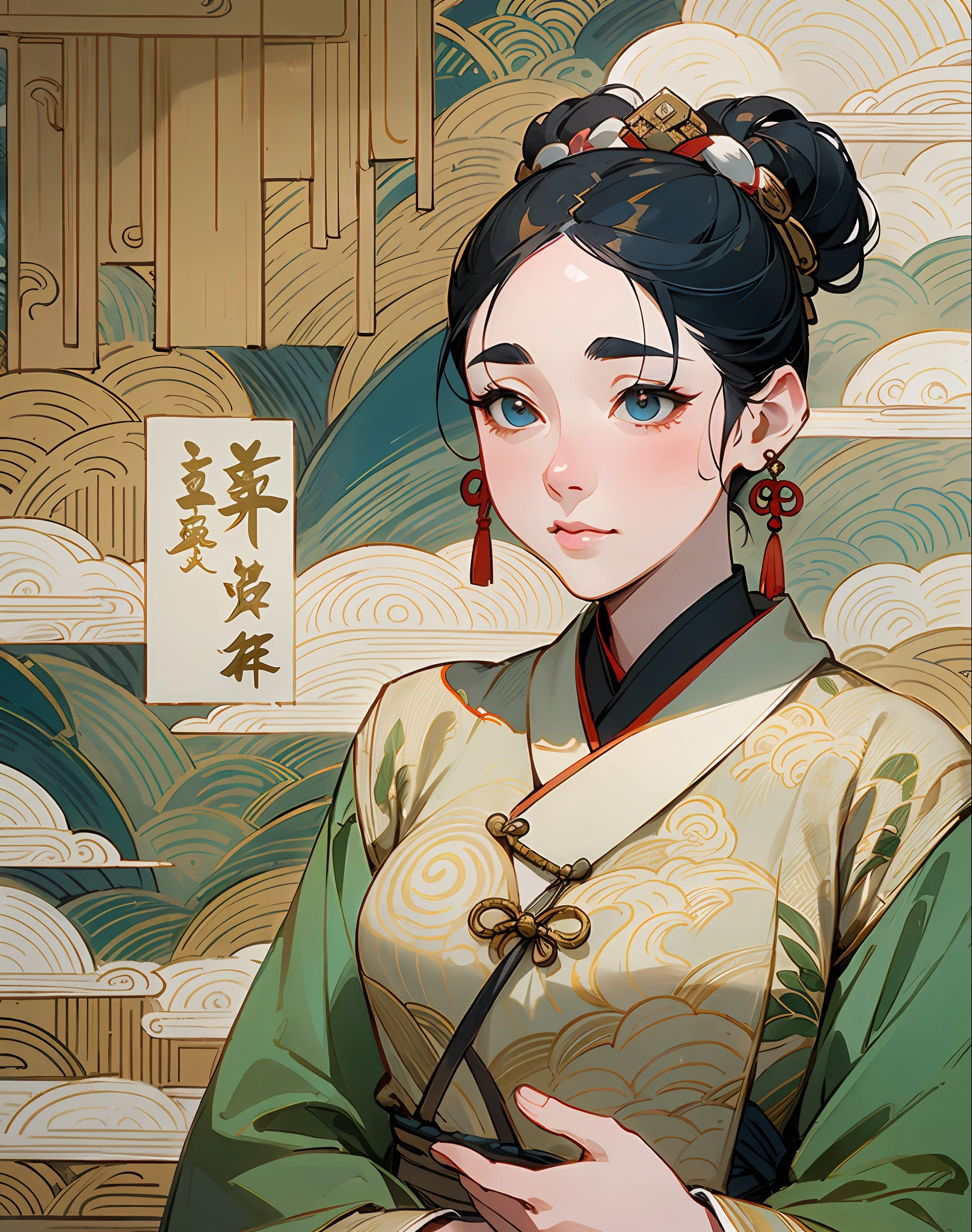 A beautiful dancer in ancient China,delicate lines,gorgeous costumes in ancient China,delicate and vivid,shy face,willow leaf eyebrows,personality depiction,coiled hair,gold leaf,flowing clouds,watercolor,crane surrounding,ink painting,gentle eyes,meticulous color scheme,exquisite clothing patterns,by Gu Kaizhi,Zhang Xuan,professional color grading,realistic style,soft shadows,clean and sharp focus,Flim photography,Panoramic View,32K --v 6