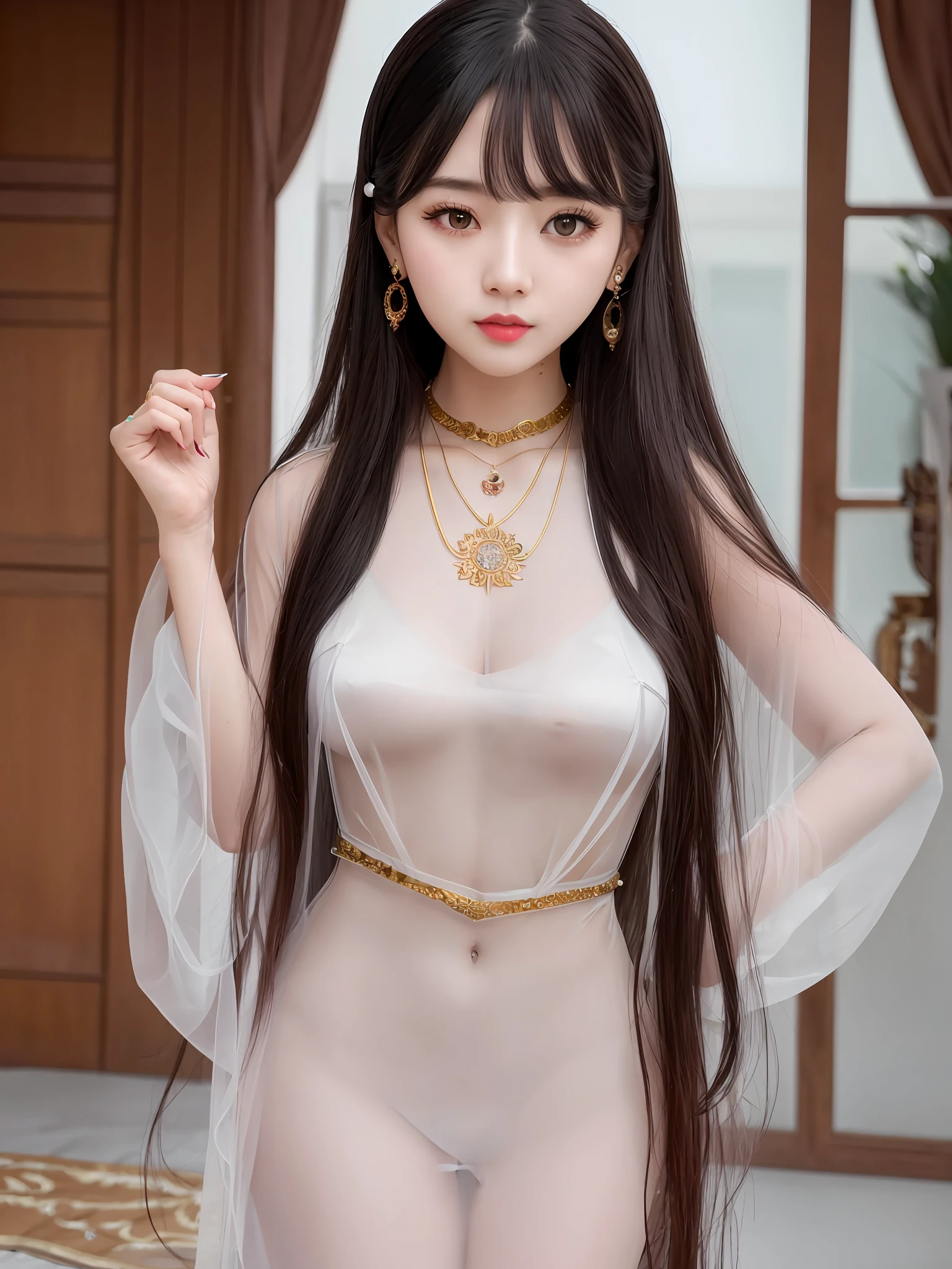 best quality, mastery, highres,1girl, long_hair, portrait, upper body, china transparent silk dress, dress, heal order, necklace, jewelry, long hair, earrings, chinese clothes,, sideways, facing the camera ulzzang-6500-v1 .1
