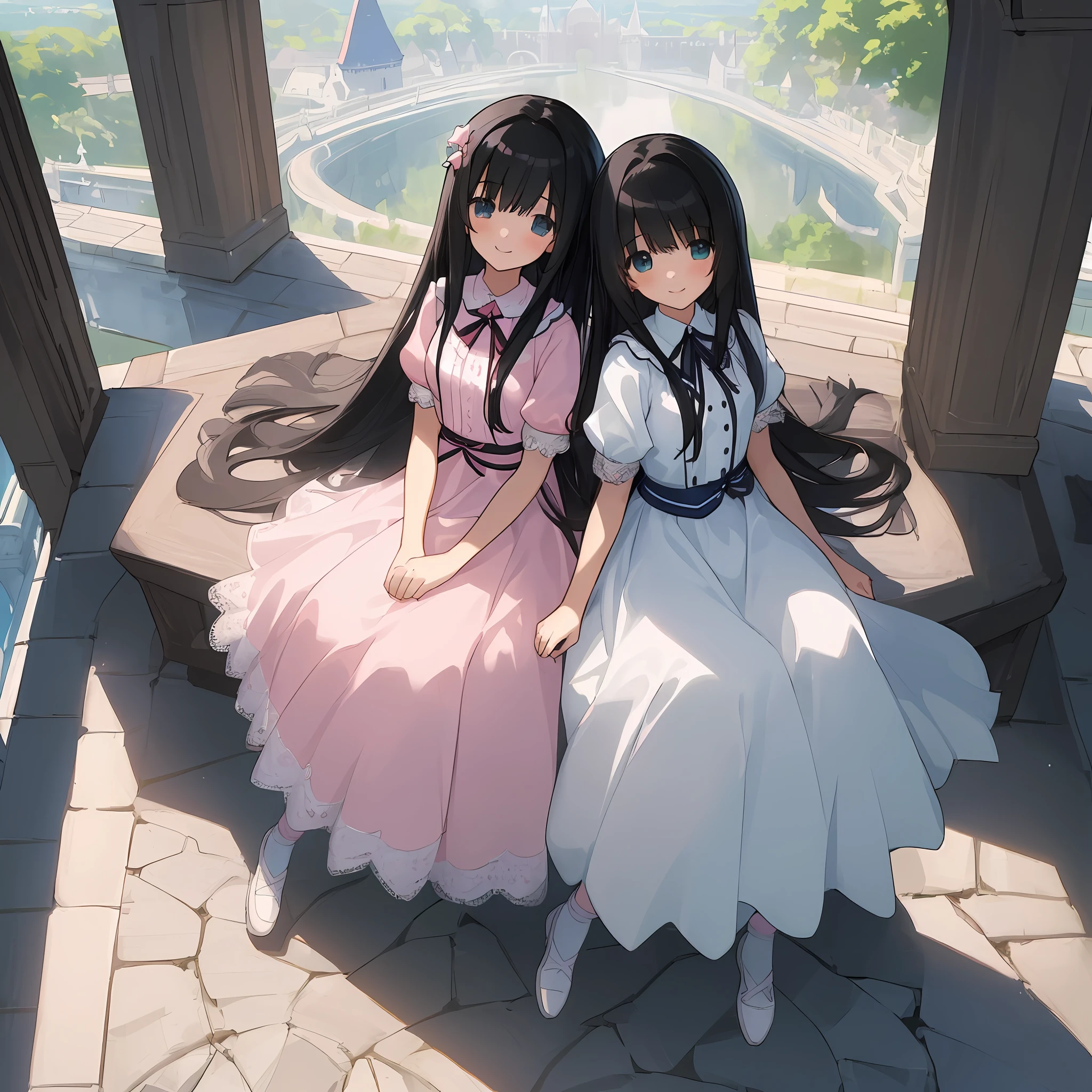 ((masterpiece,best quality)),2girls,two girls, sitting, dress, short sleeves, looking at viewer,very long white and black hair, smile,full body, white dress, narrow waist, slim legs,ribbons, pink, white, lace, anime girl sitting in a castle courtyard, two beautiful anime girls