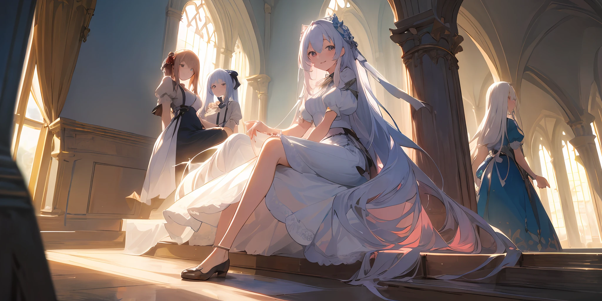 ((masterpiece,best quality)),5girls,five girls, group, sitting in a castle, knees up, dress, short sleeves, looking at viewer,very long white hair, smile,standing ,very long hair, full body, white dress, sunlight, dappled sunlight day, leg belt,narrow waist, slim legs,ribbons, pink, white, lace, anime girl sitting in a castle, two beautiful anime girls