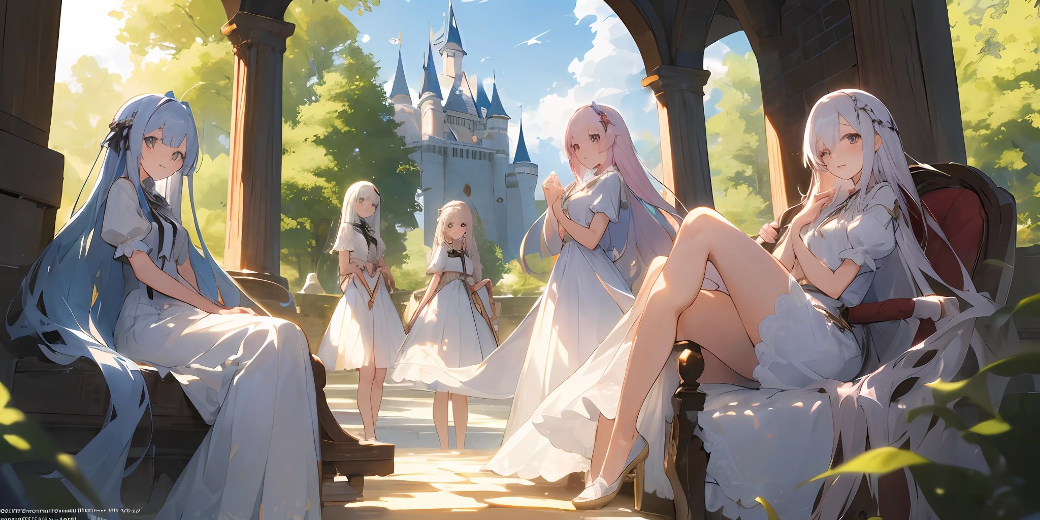 ((masterpiece,best quality)),5girls,five girls, group, sitting in a castle, knees up, dress, short sleeves, looking at viewer,very long white hair, smile,standing ,very long hair, full body, white dress, sunlight, dappled sunlight day, leg belt,narrow waist, slim legs,ribbons, pink, white, lace, anime girl sitting in a castle, two beautiful anime girls