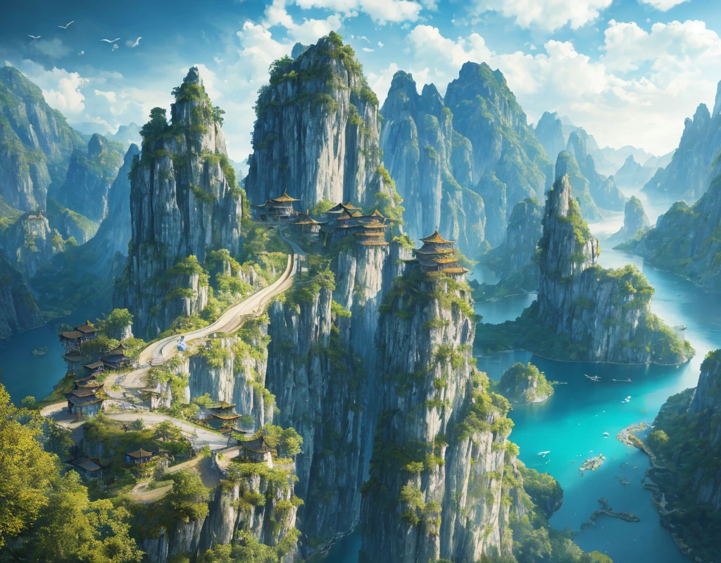 Masterpiece, best quality, high quality, extremely detailed CG unity 8k wallpaper, landscape, outdoor, sky, cloud, sky, no humans, mountain, landscape, water, tree, blue sky, waterfall, cliff, nature, chinese architecture, lakes, rivers, cloudy skies, award winning photography, bokeh, depth of field, HDR, bloom, chromatic aberration, photorealism, very detailed, trending on artstation, trending on CGsociety, intricate, high detail, dramatic, midjourney art
