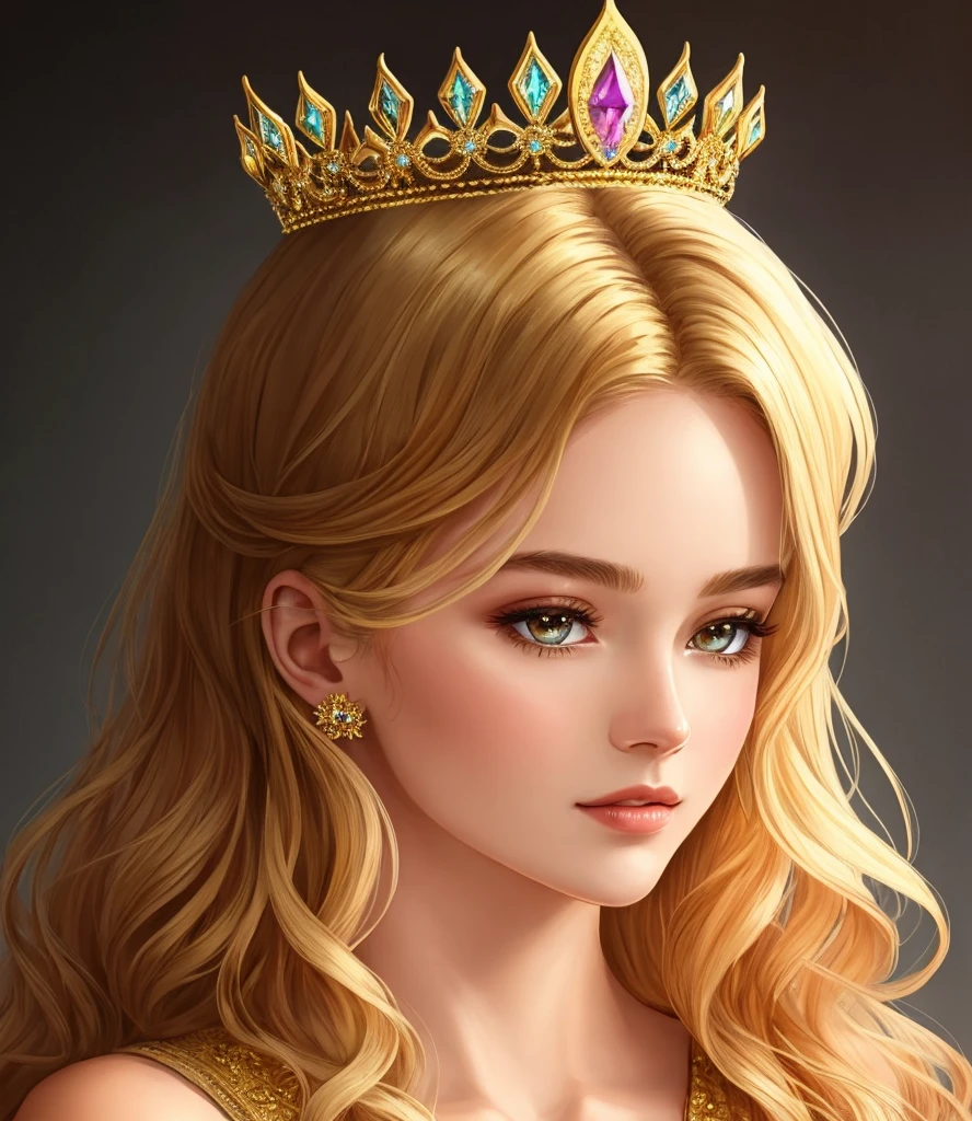 Hand-drawn illustration style, exquisite facial features, golden messy hairstyle, wearing a crystal crown