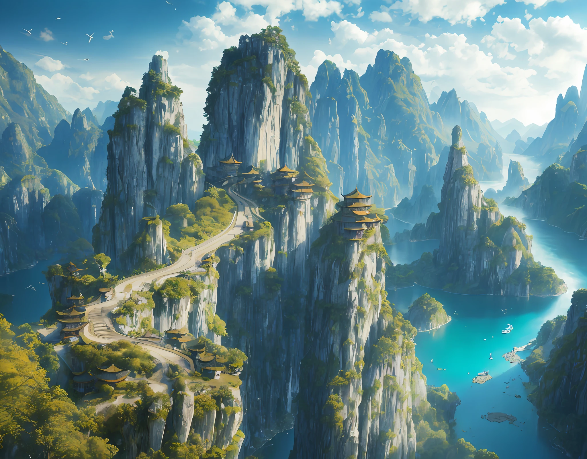 Masterpiece, best quality, high quality, extremely detailed CG unity 8k wallpaper, landscape, outdoor, sky, cloud, sky, no humans, mountain, landscape, water, tree, blue sky, waterfall, cliff, nature, chinese architecture, lakes, rivers, cloudy skies, award winning photography, bokeh, depth of field, HDR, bloom, chromatic aberration, photorealism, very detailed, trending on artstation, trending on CGsociety, intricate, high detail, dramatic, midjourney art