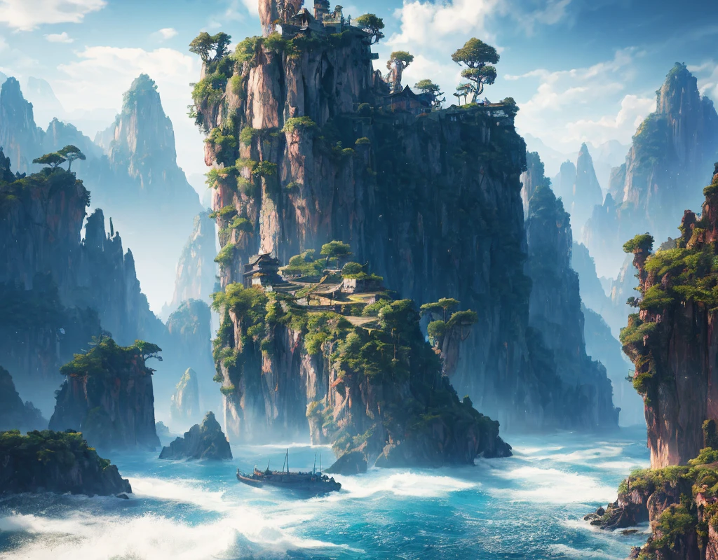 Masterpiece, best quality, high quality, extremely detailed CG unity 8k wallpaper, landscape, outdoor, sky, cloud, sky, no humans, mountain, landscape, water, tree, blue sky, waterfall, cliff, nature, chinese architecture, docks, ships, aircraft, Chinese sci-fi, lakes, rivers, cloudy skies, award winning photography, bokeh, depth of field, HDR, bloom, chromatic aberration, photorealism, very detailed, trending on artstation, trending on CGsociety, intricate, high detail, dramatic, midjourney art