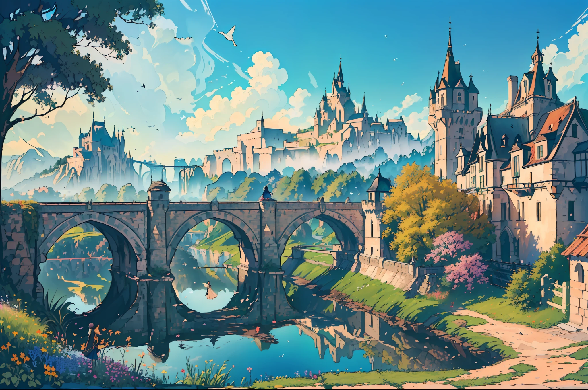 ((masterpiece,best quality,official art,unity 8k wallpaper,absurdres , highres, (1girl:1.4),looking ahead,(breathtaking landscapes:1.2), natural wonders, serene vistas, outdoor exploration, (diverse ecosystems:1.2), scenic beauty, tree,castle,village,flowers,bridge,fence, birds--v6