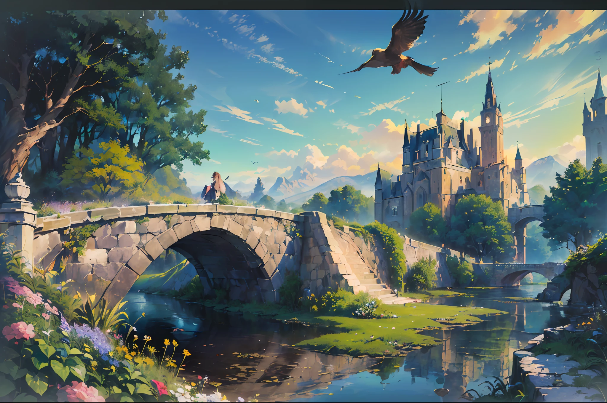 ((masterpiece,best quality,official art,unity 8k wallpaper,absurdres , highres, (1girl:1.4),looking ahead,(breathtaking landscapes:1.2), natural wonders, serene vistas, outdoor exploration, (diverse ecosystems:1.2), scenic beauty, tree,castle,village,flowers,bridge,fence, birds--v6