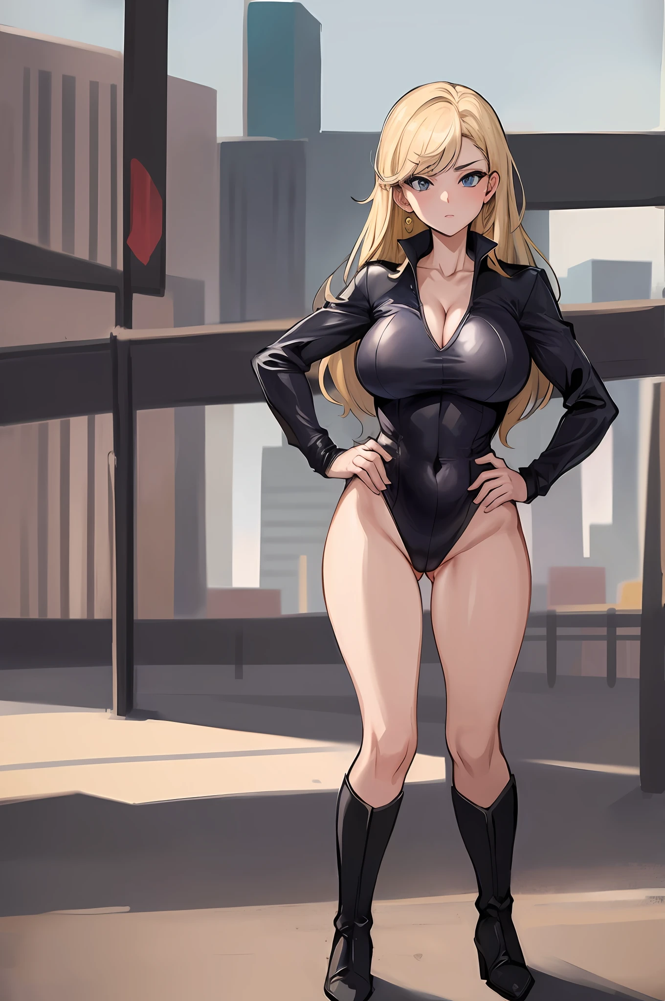 (masterpiece:1.2), (best quality:1.2), perfect eyes, perfect face, perfect lighting, 1girl, MILF, Female, superhero, leotard, bare legs, hands on hip, full body, city backdrop, 1girl, boots, standing, time travel,