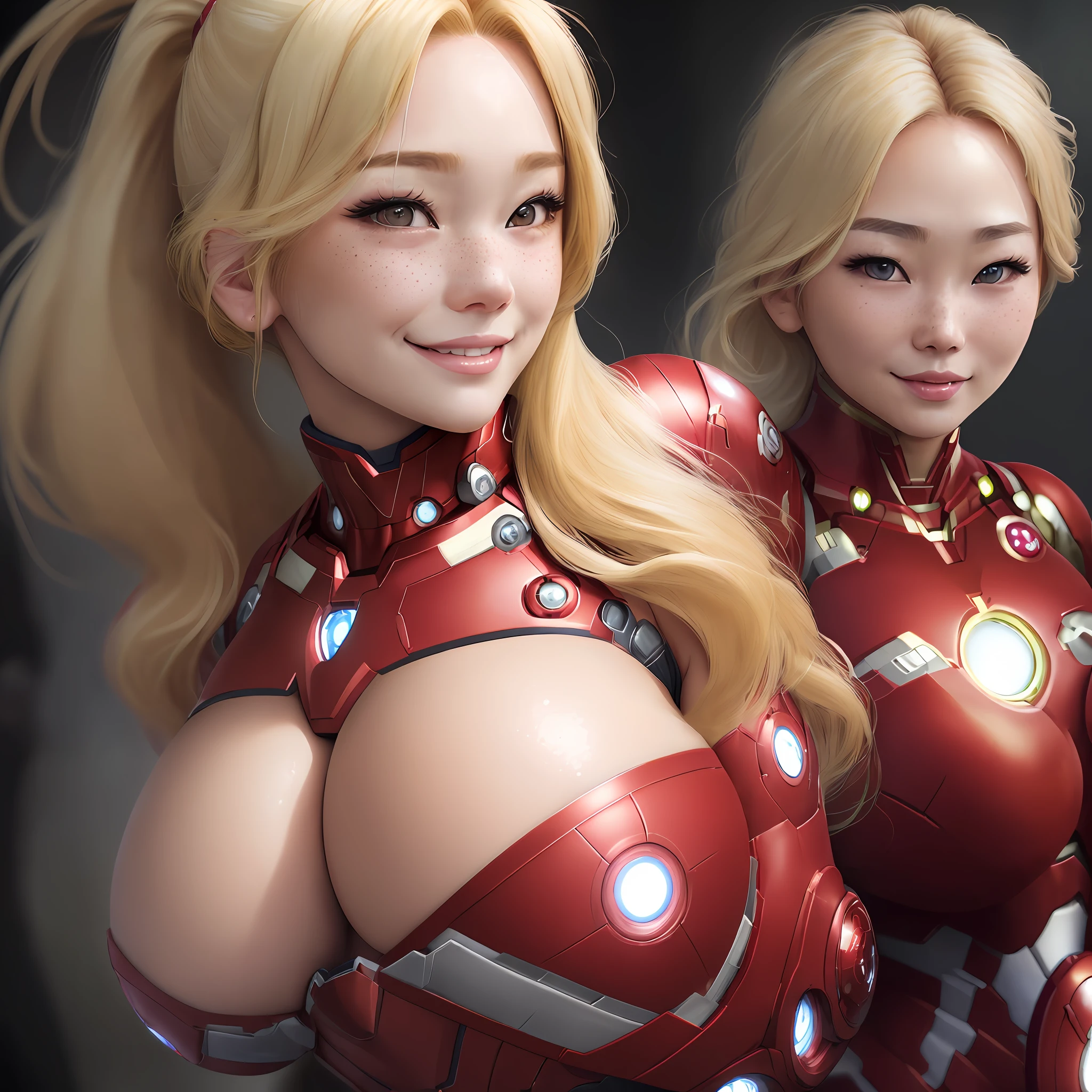 the super girl photo, beautiful (big ass) woman, (detailed eyes, (ponytail),(smile), (freckles), (skin pores:, huge tits, (wearing ironman suit:), (look at viewer), (high quality face), (high detailed face skin), (realistic iris), (realistic pupils), (realistic lighting), (beautiful moles and freckles:0.8), (film noise:1.1), (film grain), (blowjobpose), (large, huge,, blonde hair, Korean woman