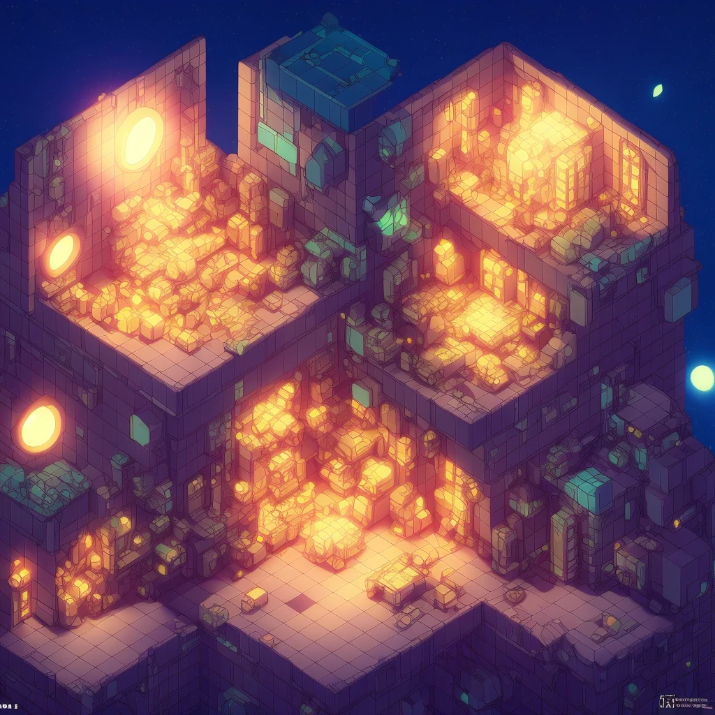 IsometricFuture, Anime Style School, isometric cutaway, night sky, treasure chest, pile of gold coins, depth of field, Full-HD, Rim Lighting, Vibrant Sharp Cinematic Lighting, Shadows, Chromatic Aberration, artgerm, greg rutowski, square enix, unreal engine 5, FXAA, Isometric future