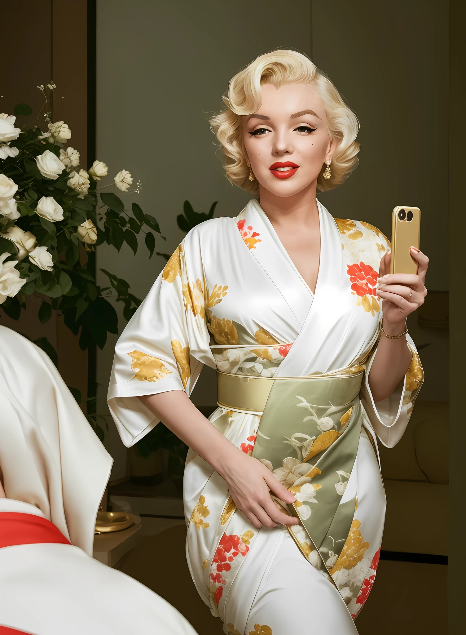 Full figure in Marilyn Monroe taking a selfie with a golden smartphone 's modern living room, (((japan kimono di seta))) , photographic details