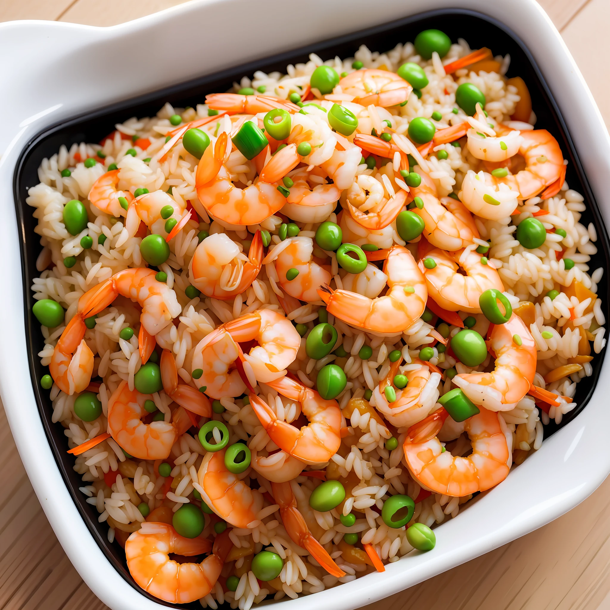 shrimp and rice dish with peas and carrots in a white bowl, shrimp, yummy, rice, ❤🔥🍄🌪, recipe, chinese, by Arthur Pan, high quality photos, wok, easy, beans, !!highly detalied, healthy, evan lee, prawn, cuisine, beautiful image, beutiful!, ready to eat, very tasty, trending ,