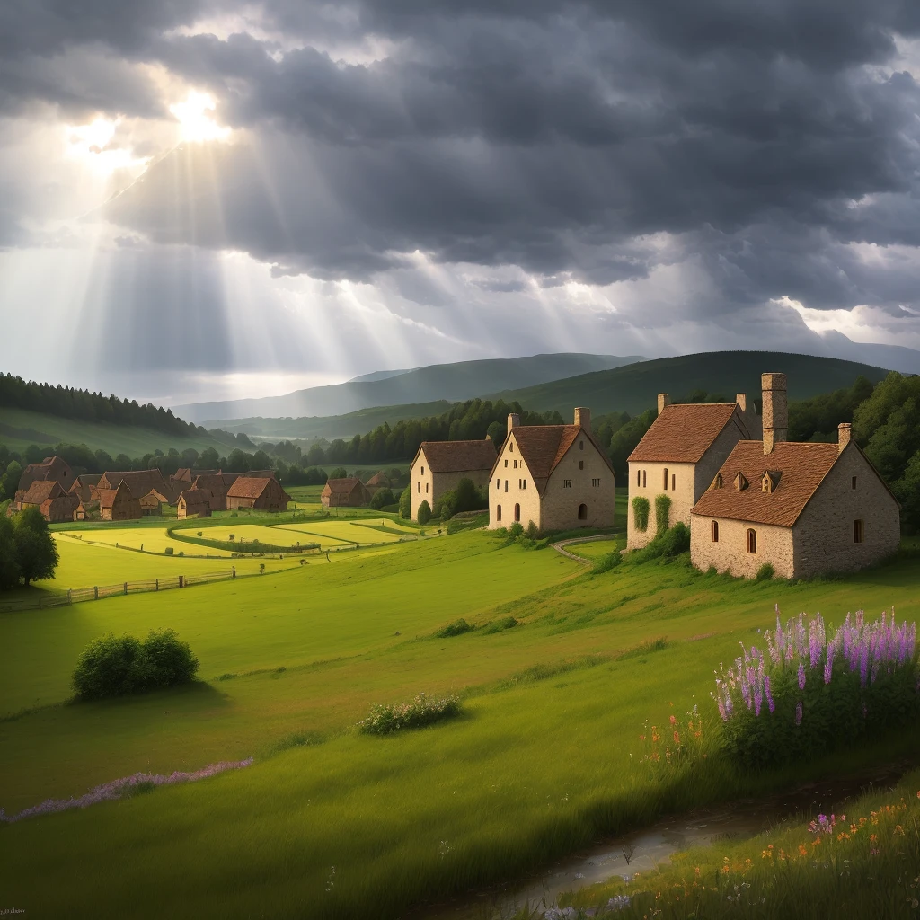 medieval village, meadow, approaching storm and some rays of light