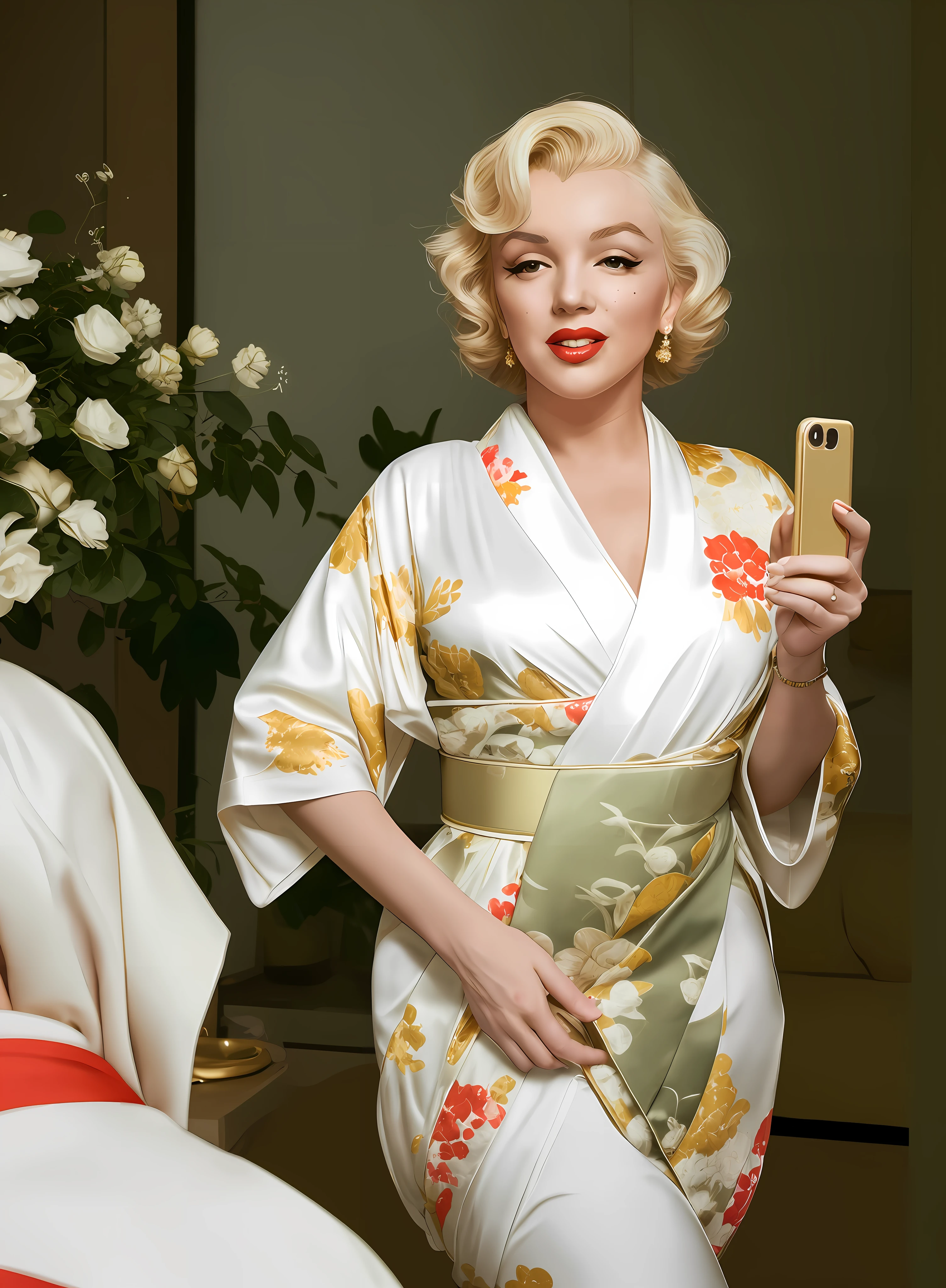 Full figure in Marilyn Monroe taking a selfie with a golden smartphone &#39;s modern living room, (((japan kimono di seta))) , photographic details